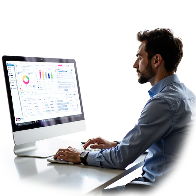 IT professionals configuring ERP software with SAF-T export option on screen.