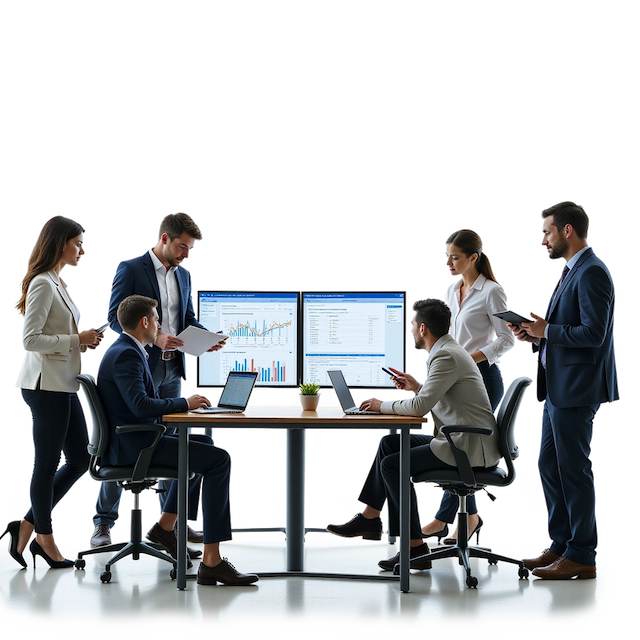 Diverse business team analyzing financial reports with compliance checklists.