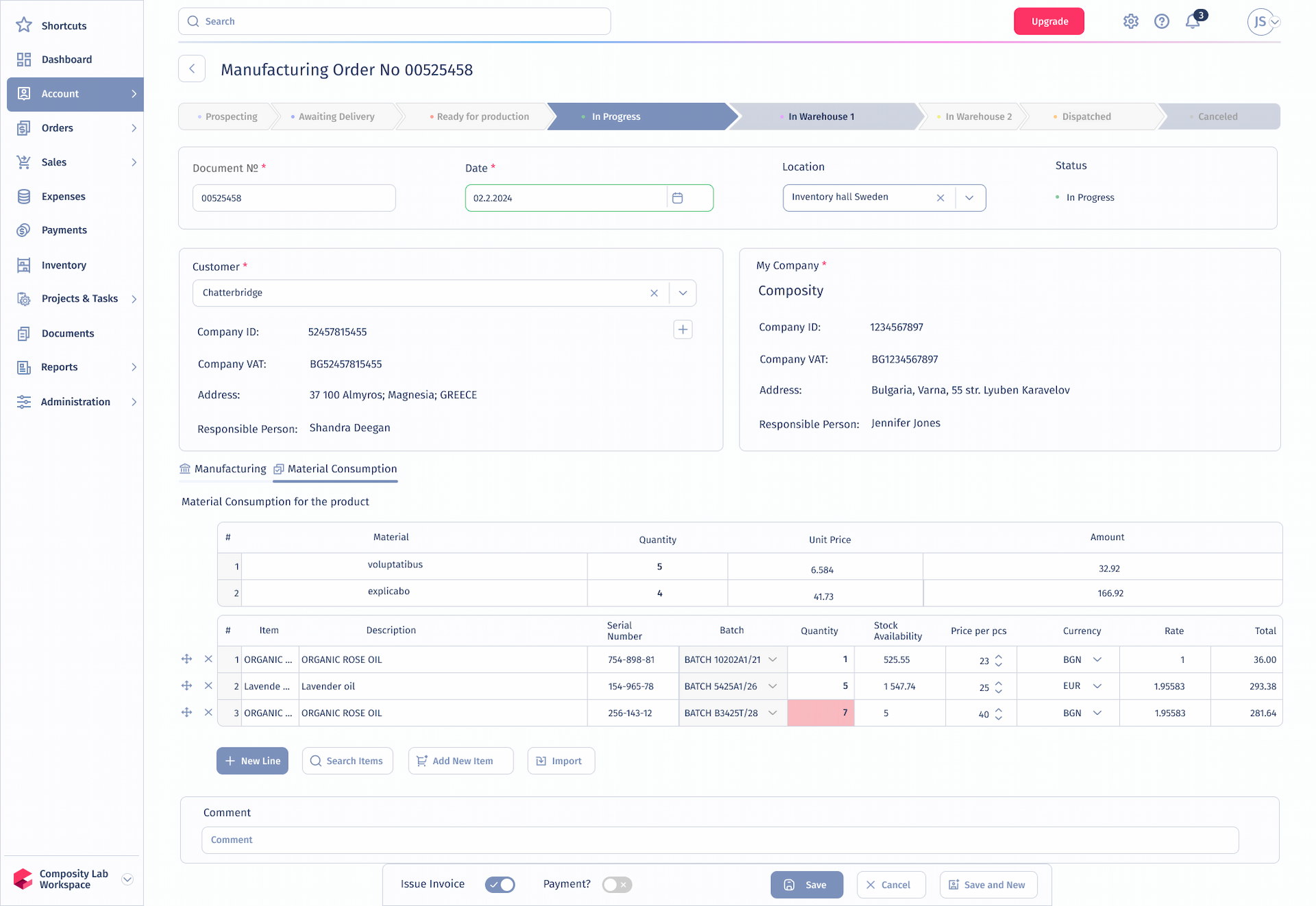 Composity Software Screenshot MANUFACTURING ORDER