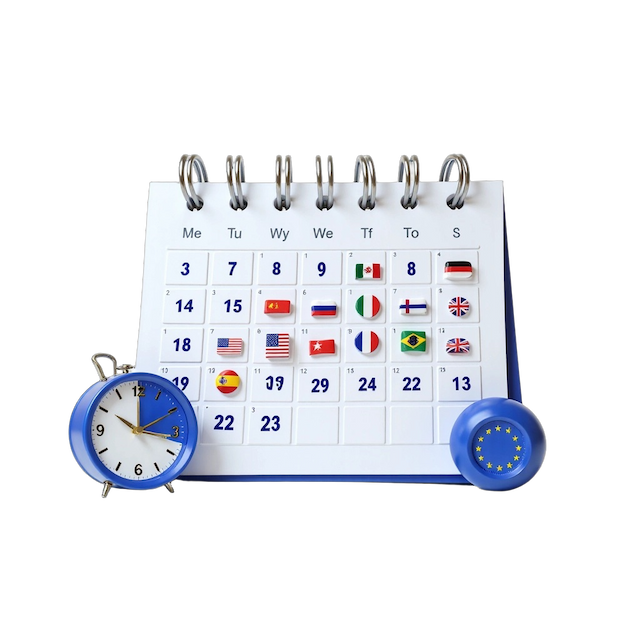 Календар с отбелязани страни от ЕС и цифрови часовници, показващи предстоящи крайни срокове
