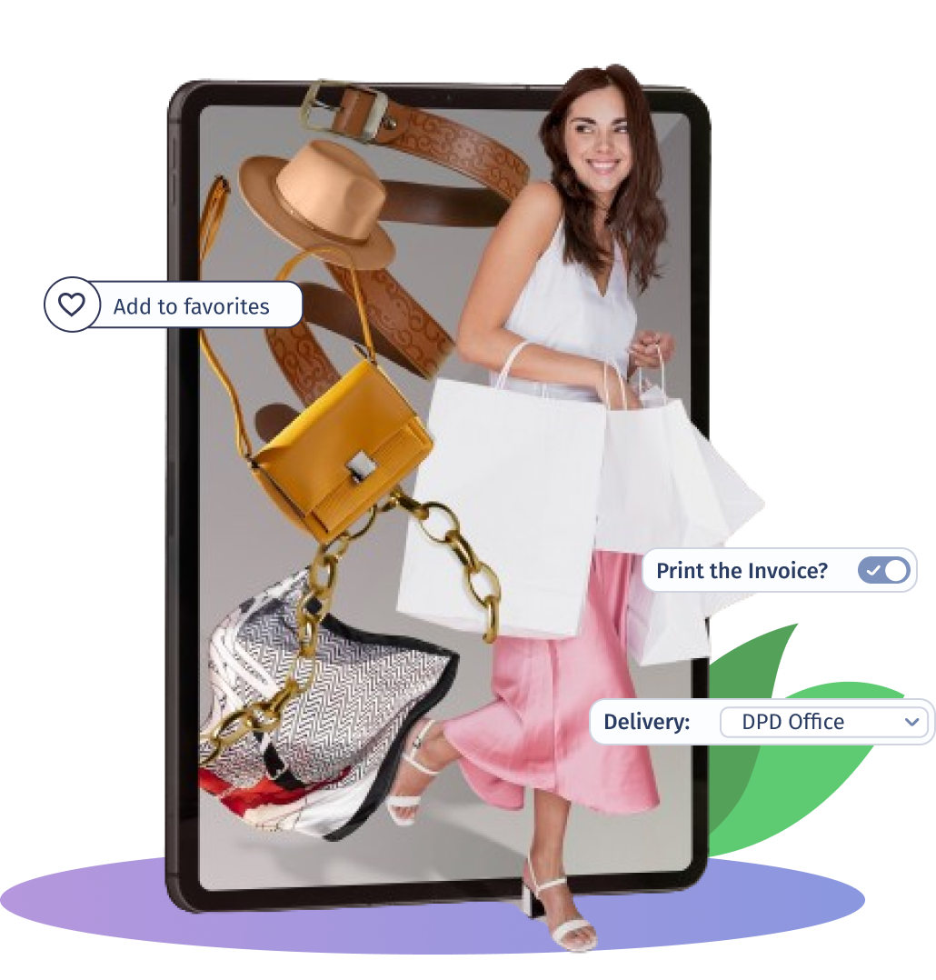 Персонализирана илюстрация на жена, пазаруваща онлайн, и елементи на софтуера Composity eCommerce.